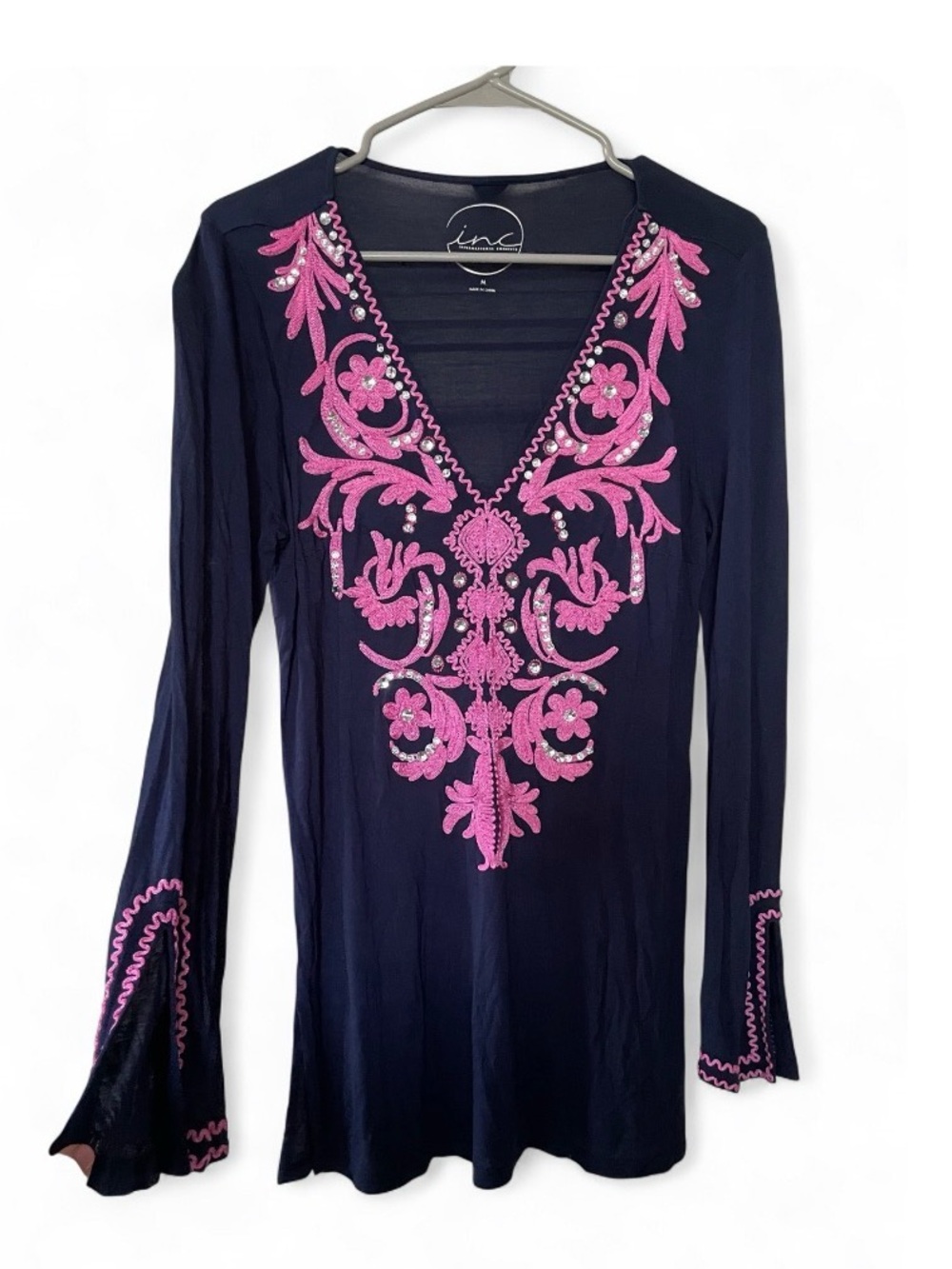 INC Embroidered Blouse Top Coverup Tunic Navy Pink Rhinestone Jewels Boho Glam